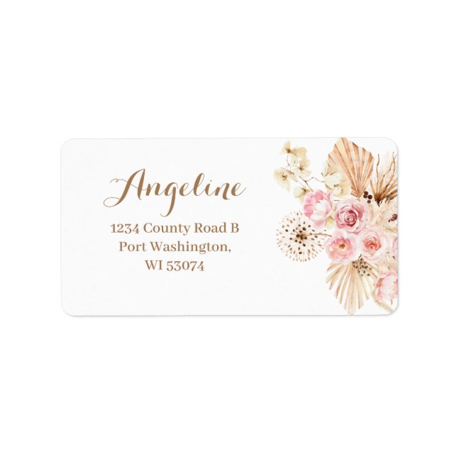 Pink Floral Boho Pampas Grass Address Label (Front)