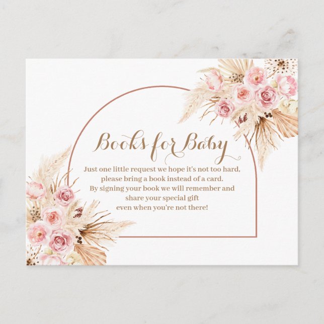 Pink Floral Boho Pampas Grass Books for baby Invitation Postcard (Front)