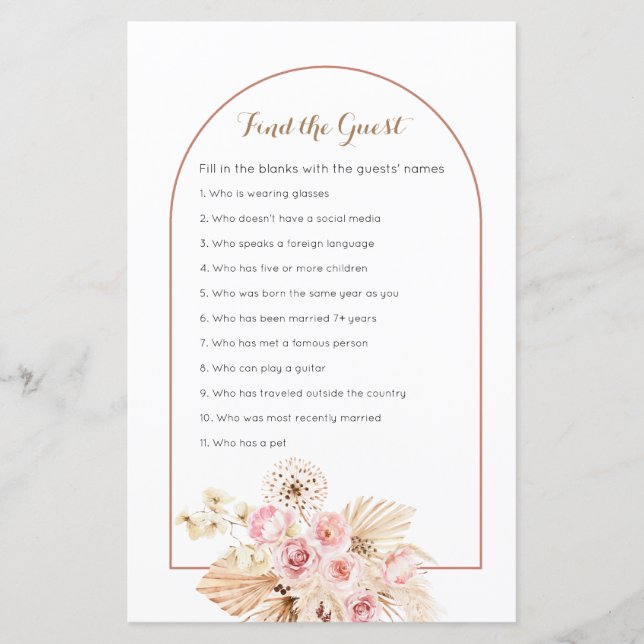 Pink Floral Boho Pampas Grass Find the Guest game (Front)
