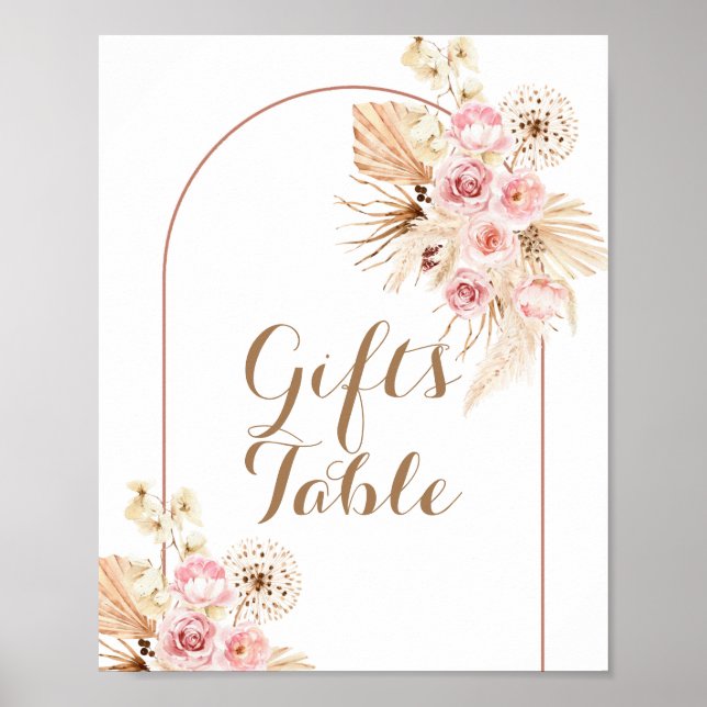 Pink Floral Boho Pampas Grass Gifts Table Sign (Front)