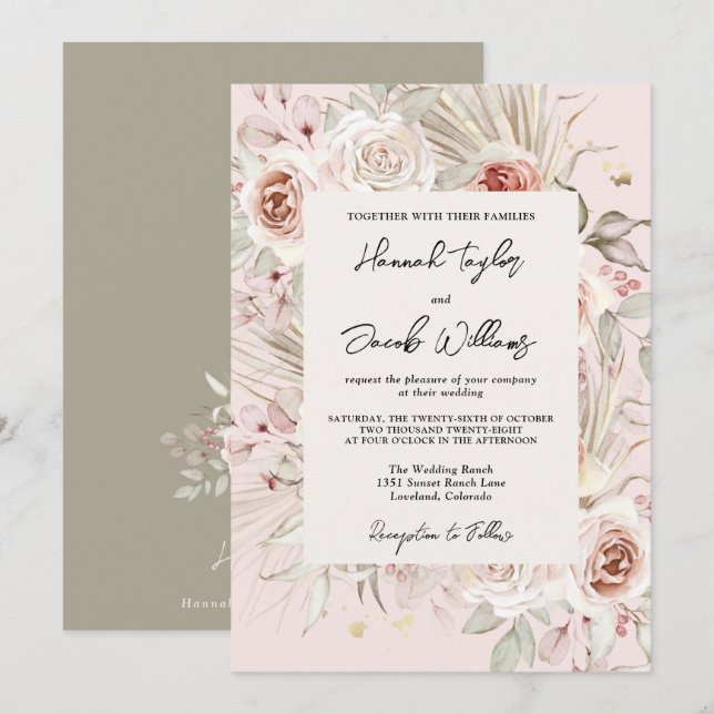 PInk Floral Boho Rustic Wedding Invitation (Front/Back)