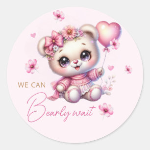 Pink Floral Boho Teddy Bear Girl Baby Shower Classic Round Sticker