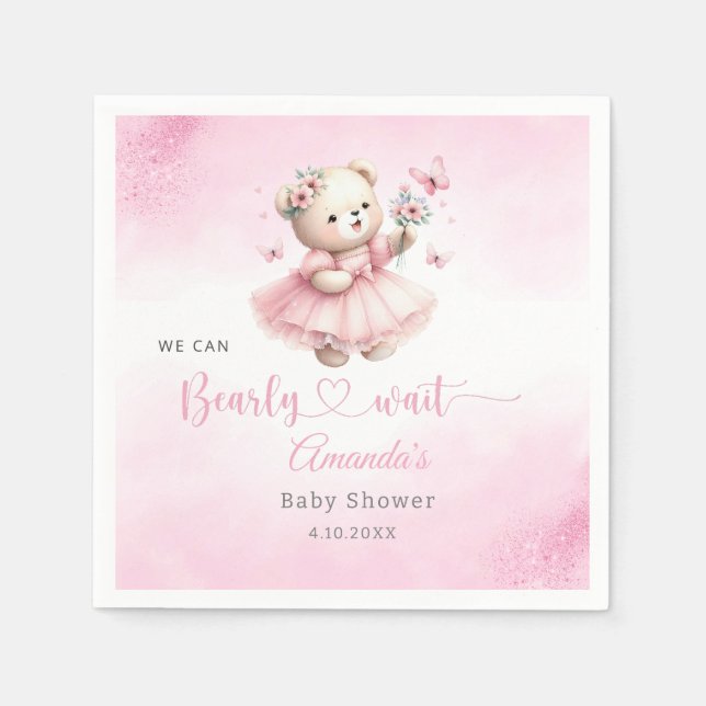 Pink Floral Boho Teddy Bear girl baby shower  Napkin (Front)
