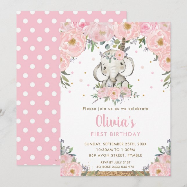 Pink Floral Boho Tribal Elephant Girl 1st Birthday Invitation (Front/Back)