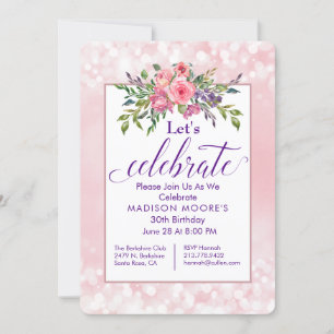 Pink Floral Bokeh Birthday Party Invitation