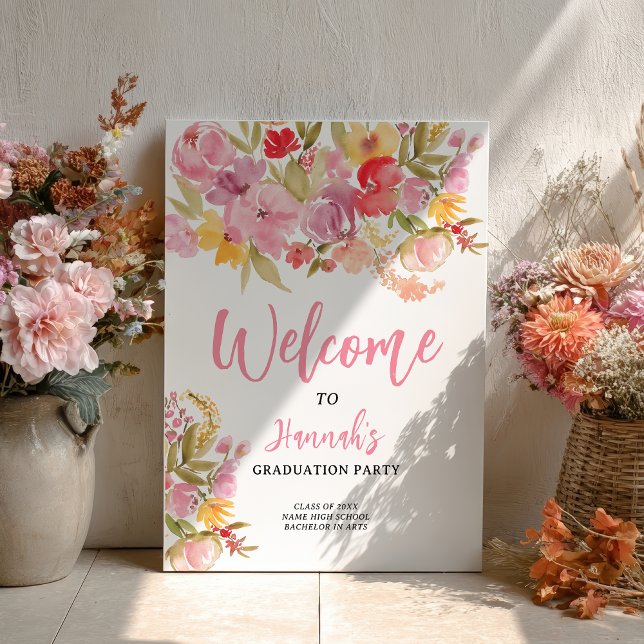 Pink Floral Bold Hand-Painted Graduation Welcome Poster (Pink Floral Bold Hand-Painted Graduation Welcome Poster)