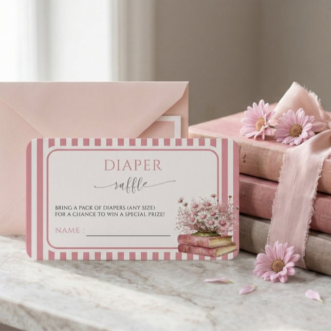 Pink Floral Book Baby Shower Diaper Raffle Card  (Creator Uploaded)