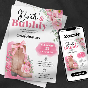 Pink Floral Boots & Bubbly Bridal Shower Invitation