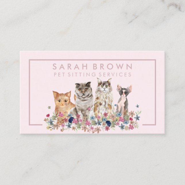 Pink Floral Border Frame Cats Business Card (Front)