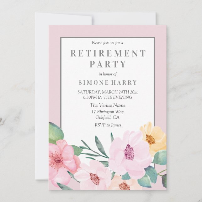 Pink Floral Border Retirement Party Invitation (Front)
