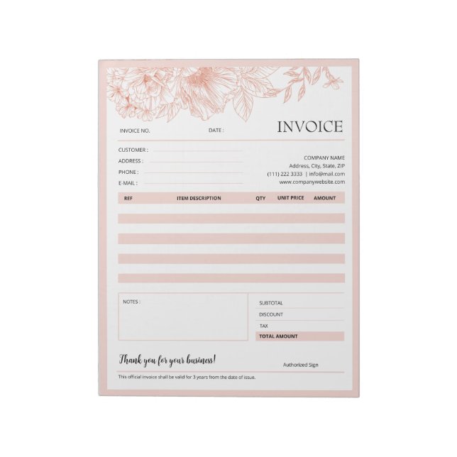 Pink Floral Border Small Business Invoice Template Notepad (Rotated)