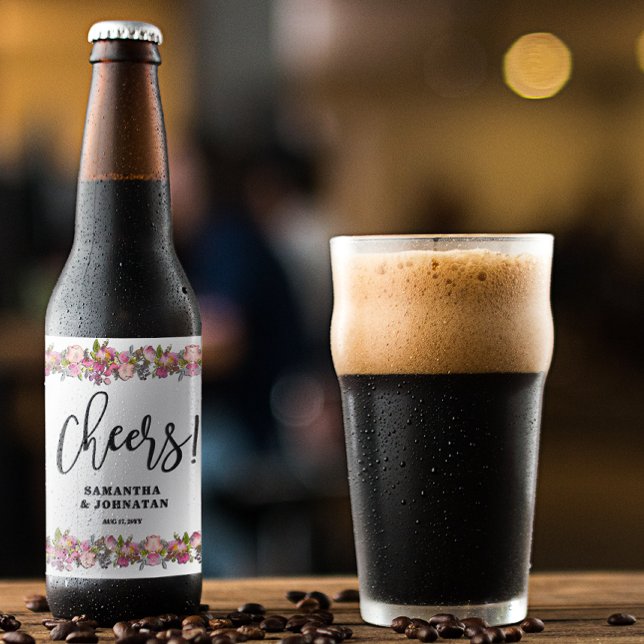 Pink Floral Border Wedding Beer Bottle Label (Creator Uploaded)