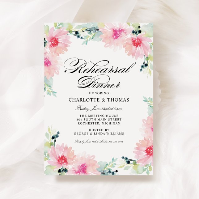Pink Floral Border Wedding Rehearsal Dinner Invitation (Creator Uploaded)