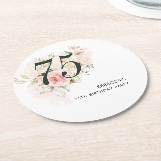 Pink Floral Botanical 75th Birthday Party Round Paper Coaster (Angled)