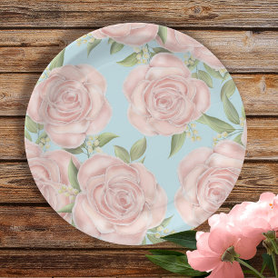 Pink Floral Botanical Blush Rose Pretty Pattern Paper Plate
