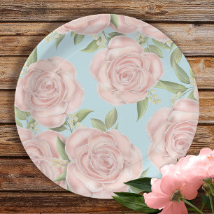 Pink Floral Botanical Blush Rose Pretty Pattern Paper Plate