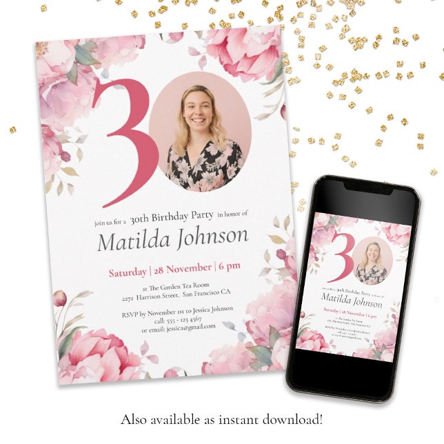 Pink Floral Botanical Custom Photo 30th Birthday Invitation (30th Birthday Pink Floral Botanical Custom Photo Invitation)