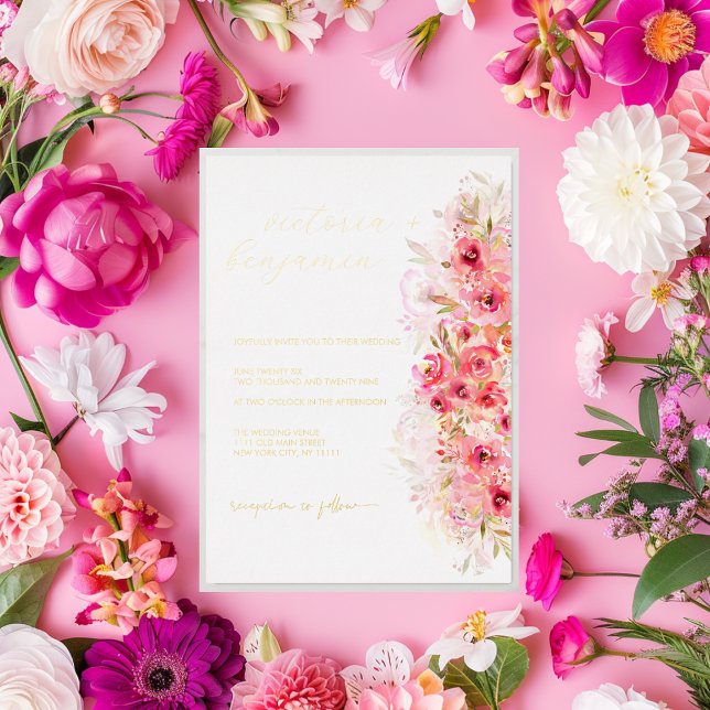 Pink Floral Botanical Garden Colourful Wedding Gol (Pink Floral Botanical Garden Colorful Wedding Gold Foil Invitation)