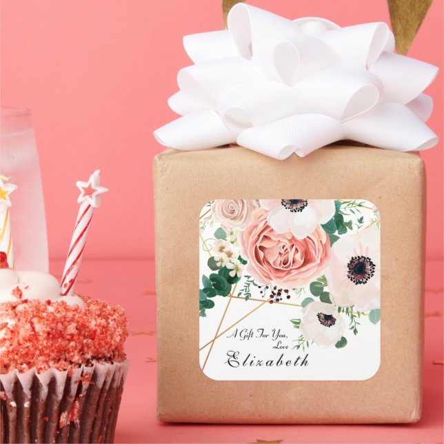 Pink Floral Botanical Garden Flower Bouquet Custom Square Sticker (Party)