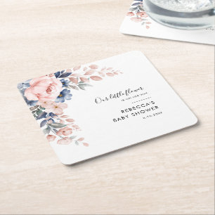 Pink Floral Botanical Modern Baby Shower Square Paper Coaster