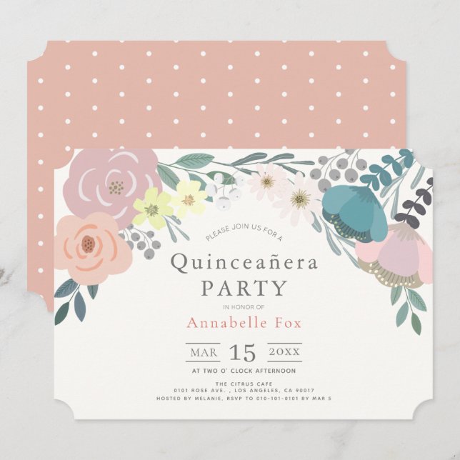 Pink Floral Botanical Quinceañera Invitation (Front/Back)