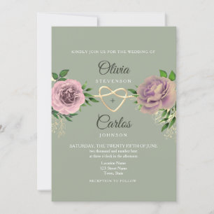 Pink Floral Botanical Sage Green Wedding Invitation