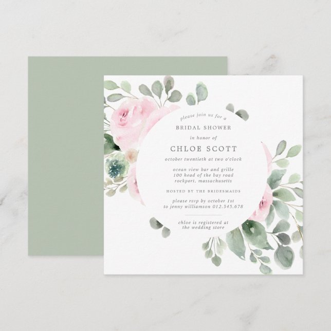 Pink Floral Botanical Square Bridal Shower Invitation (Front/Back)