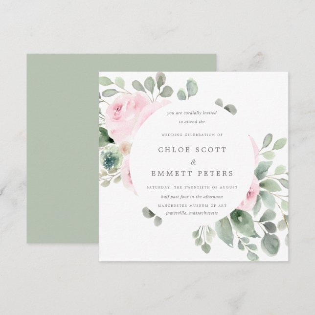 Pink Floral Botanical Square Wedding Invitation (Front/Back)