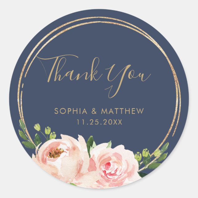 Pink Floral Botanical Wedding Favor Navy Gold Classic Round Sticker (Front)
