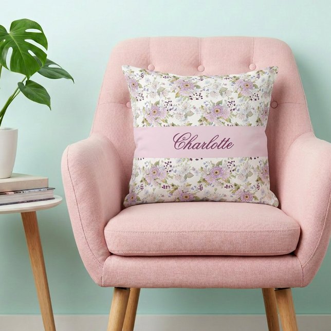 Pink Floral Botanical Wildflower Monogram Name Cushion (Pink Floral Botanical Wildflower Monogram Name Throw Pillow)