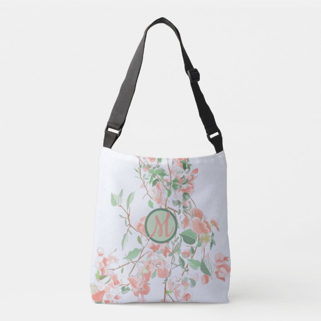 Pink Floral Bougainvillea Monogram Watercolor Crossbody Bag (Front)