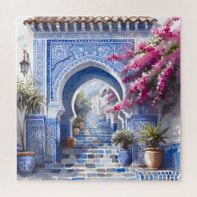 Pink Floral Bougainvillea Morocco Blue Tiles  Jigsaw Puzzle (Vertical)