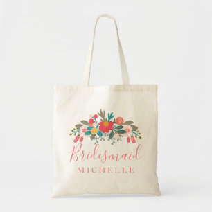 Pink Floral Bouquet Bridesmaid with Name Tote Bag