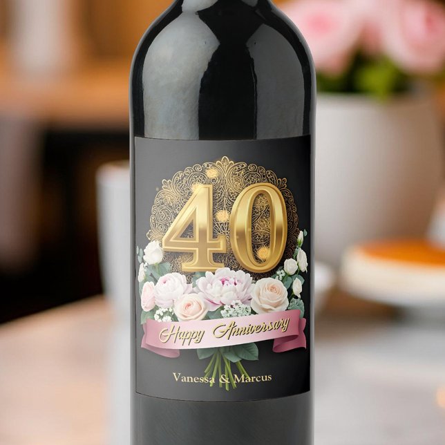 Pink Floral Bouquet Gold 40th Wedding Anniversary Wine Label (Creator Uploaded)