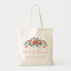 Pink Floral Bouquet Maid of Honour with Name Tote Bag
