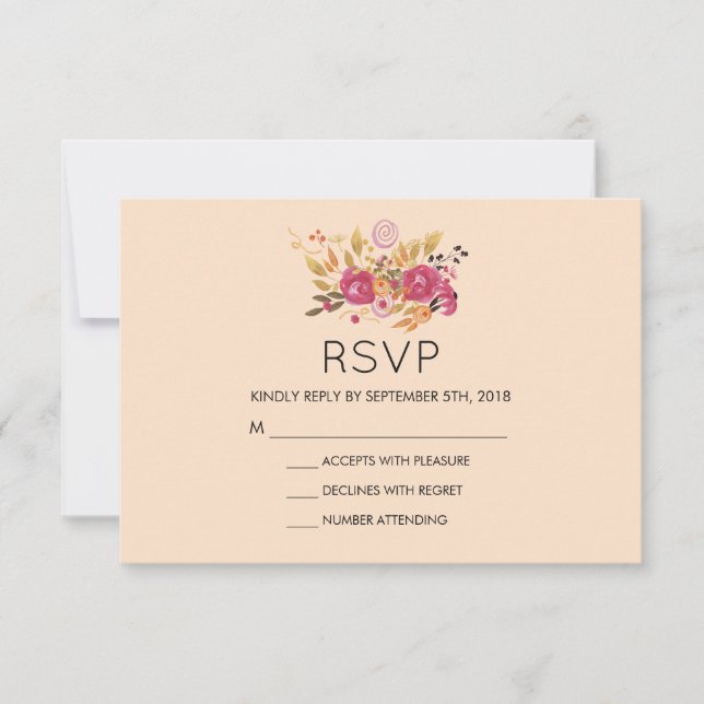 Pink Floral Bouquet on Peach Pastel Wedding RSVP Card (Front)