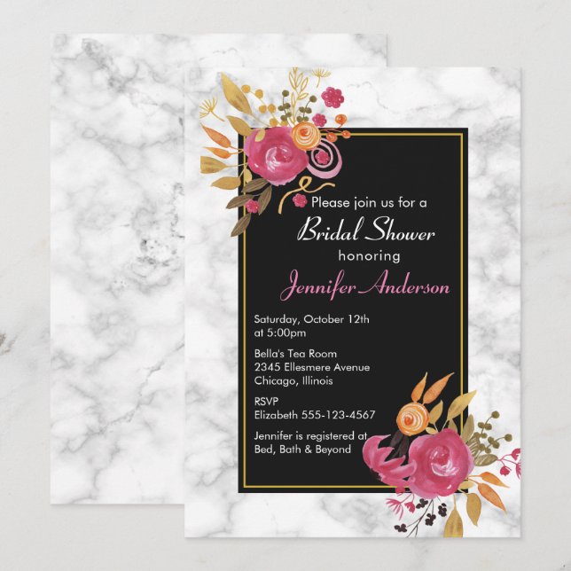 Pink Floral Bouquet on White Marble Bridal Shower Invitation (Front/Back)