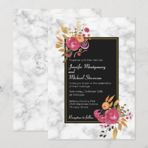 Pink Floral Bouquet on White Marble Wedding Invite