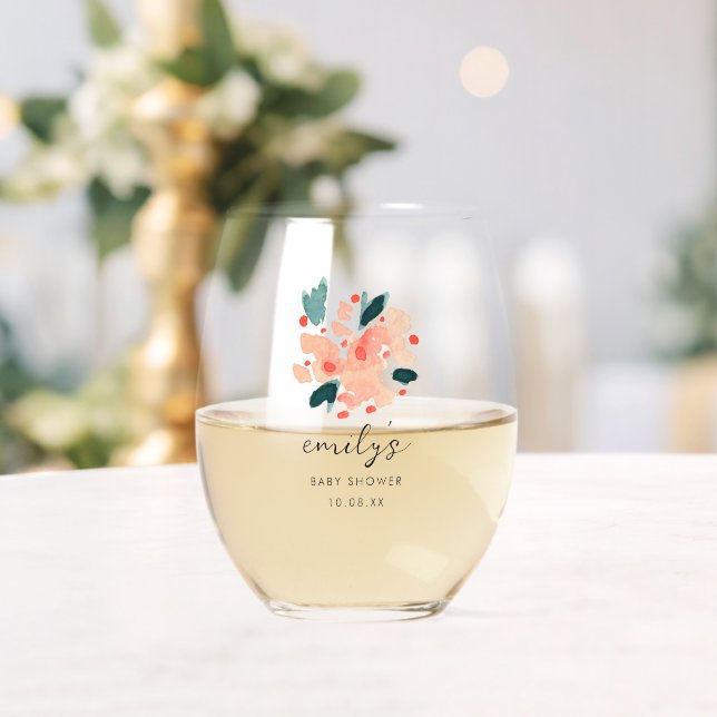 Pink Floral Bouquet Personalised Baby Shower Stemless Wine Glass (Insitu (Wedding))