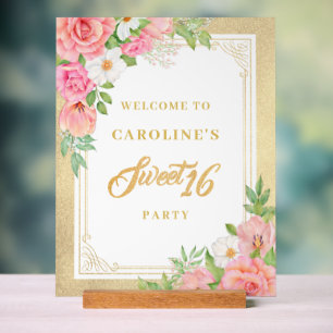 Pink Floral Bouquet Rose Sweet 16 Party Welcome Acrylic Sign