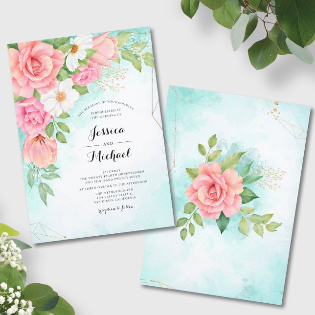 Pink Floral Bouquet Rose Tulip Anemone Wedding Invitation (Creator Uploaded)