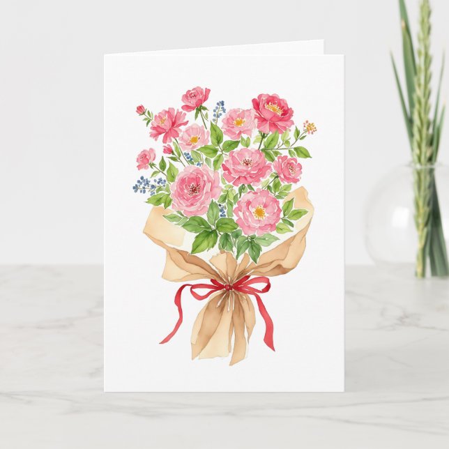 Pink Floral Bouquet Watercolor Valentines Day Holiday Card (Front)