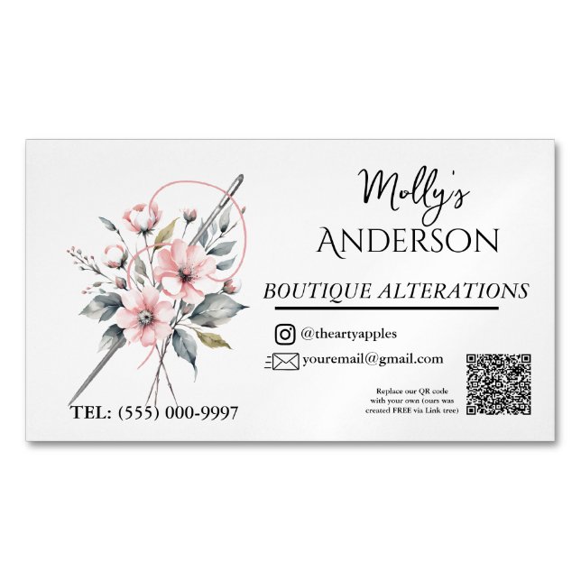 Pink floral Boutique Sewing & Alterations  Magnetic Business Card (Front)