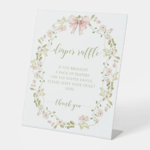 Pink Floral Bow Baby Girl Shower Diaper Raffle Pedestal Sign