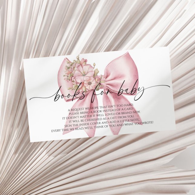 Pink Floral Bow Baby Shower Books For Baby Enclosure Card (Creator Uploaded)