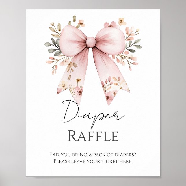 Pink Floral Bow Baby Shower Diaper Raffle  Poster (Front)