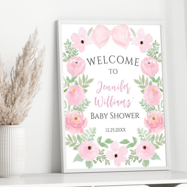 Pink floral bow baby shower welcome sign poster (Creator Uploaded)