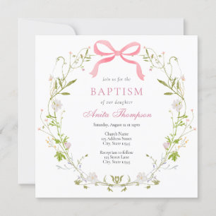 Pink Floral Bow Baptism Christening Invitation