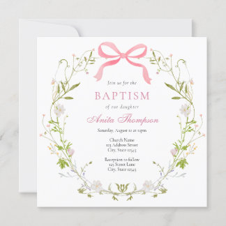 Pink Floral Bow Baptism Christening Invitation