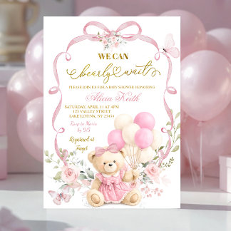 Pink Floral Bow Coquette Bearly Wait Baby Shower Invitation